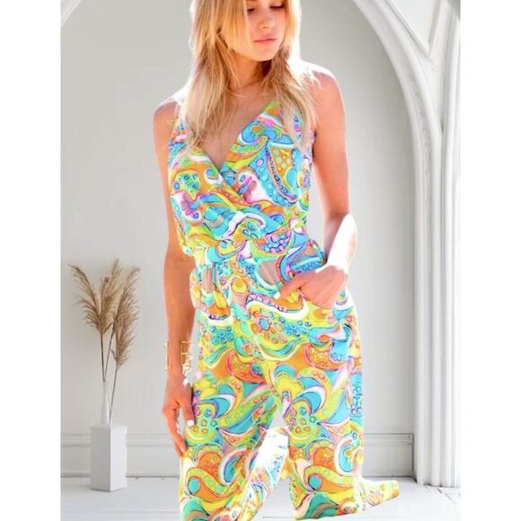 Trina Turk Cosmos Jumpsuit Womens XS CoverUp Vibrant Funky Colorful Green Aqua - Picture 3 of 10